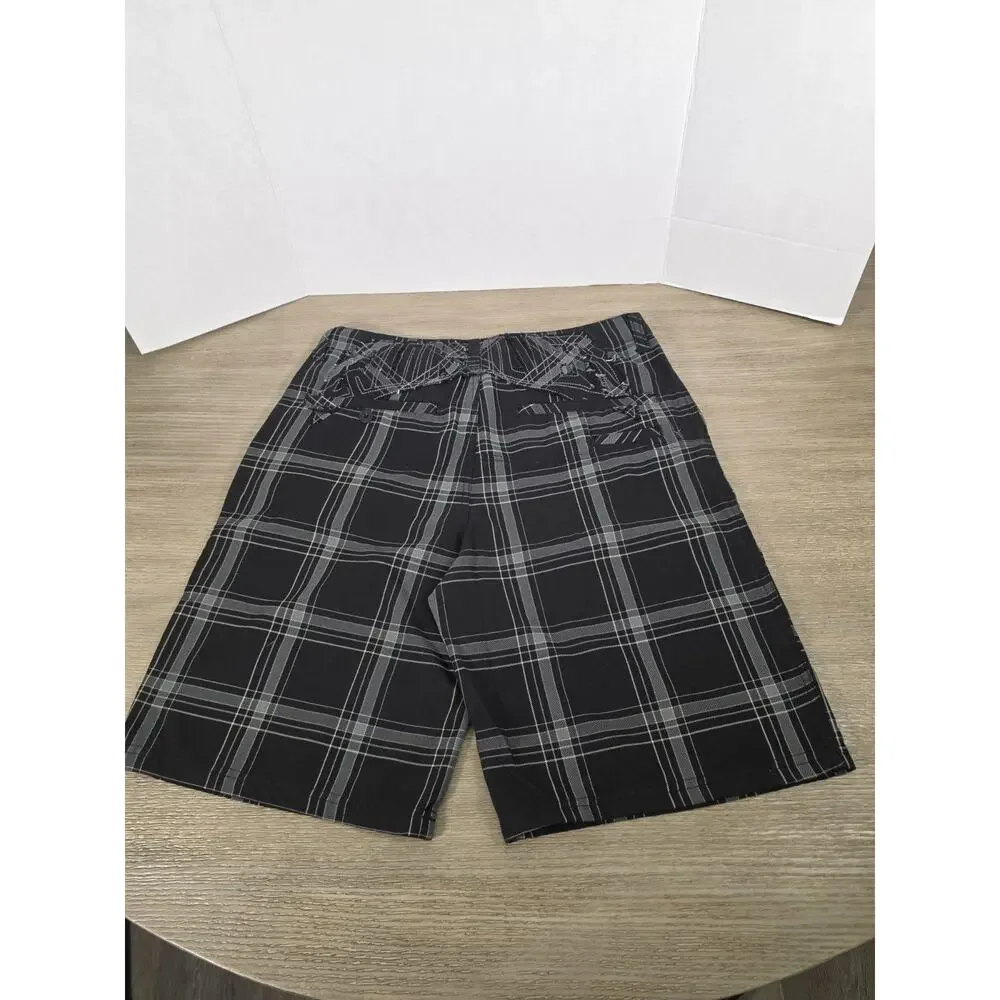 Y2K Quiksilver Men’s Black/Gray Plaid Chino Shorts Flat Pockets Applied Logo 34
